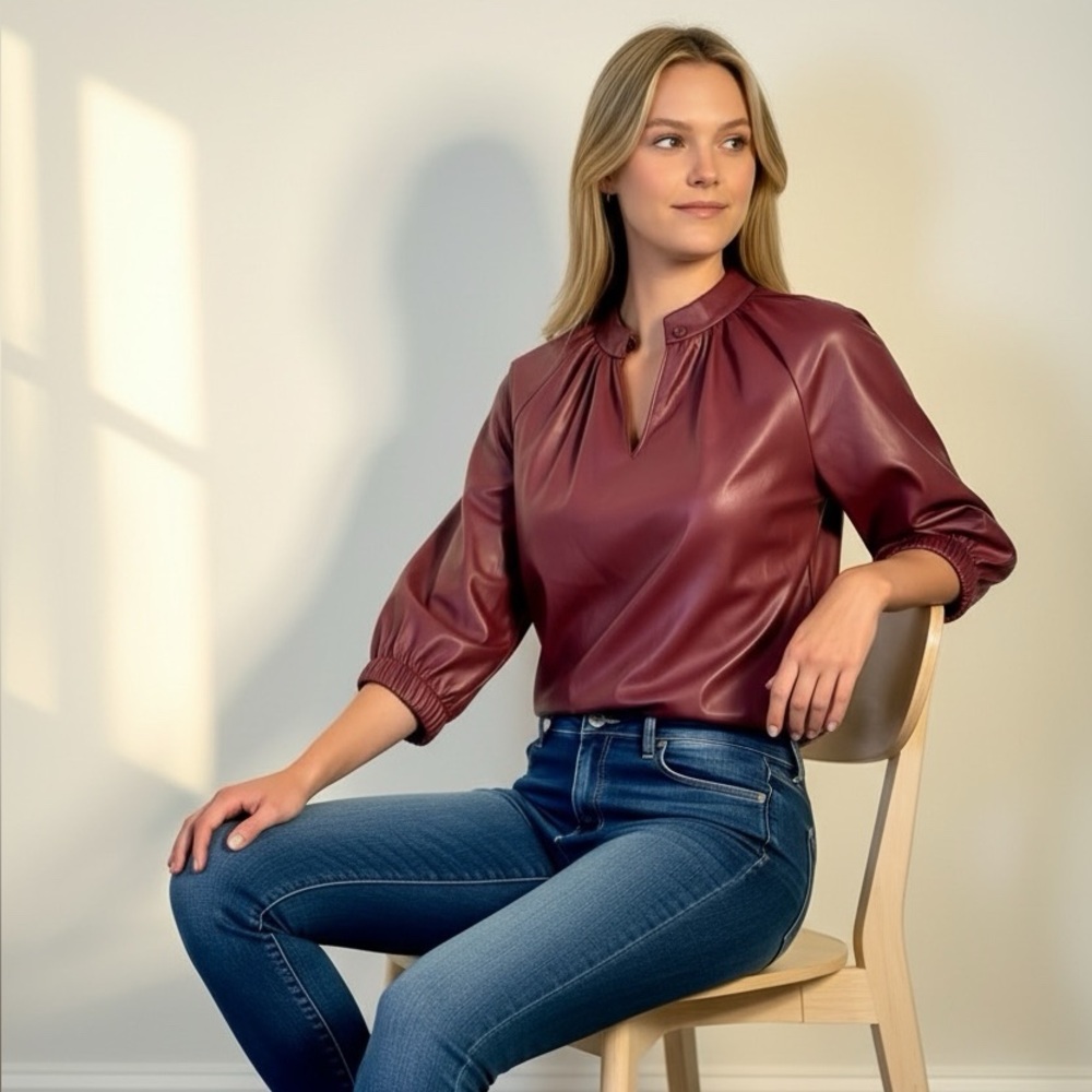 Faux Leather Burgundy Top w/ 3/4 length sleeves / Size XS / Verona